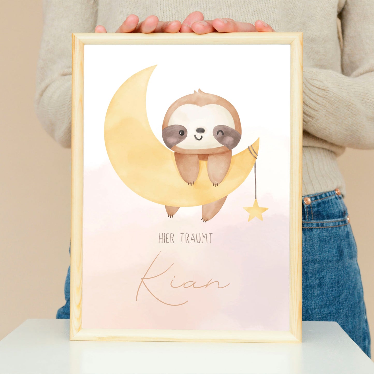 Personalisiertes Poster: Geburtsposter Faultier im Mond mit Kindername