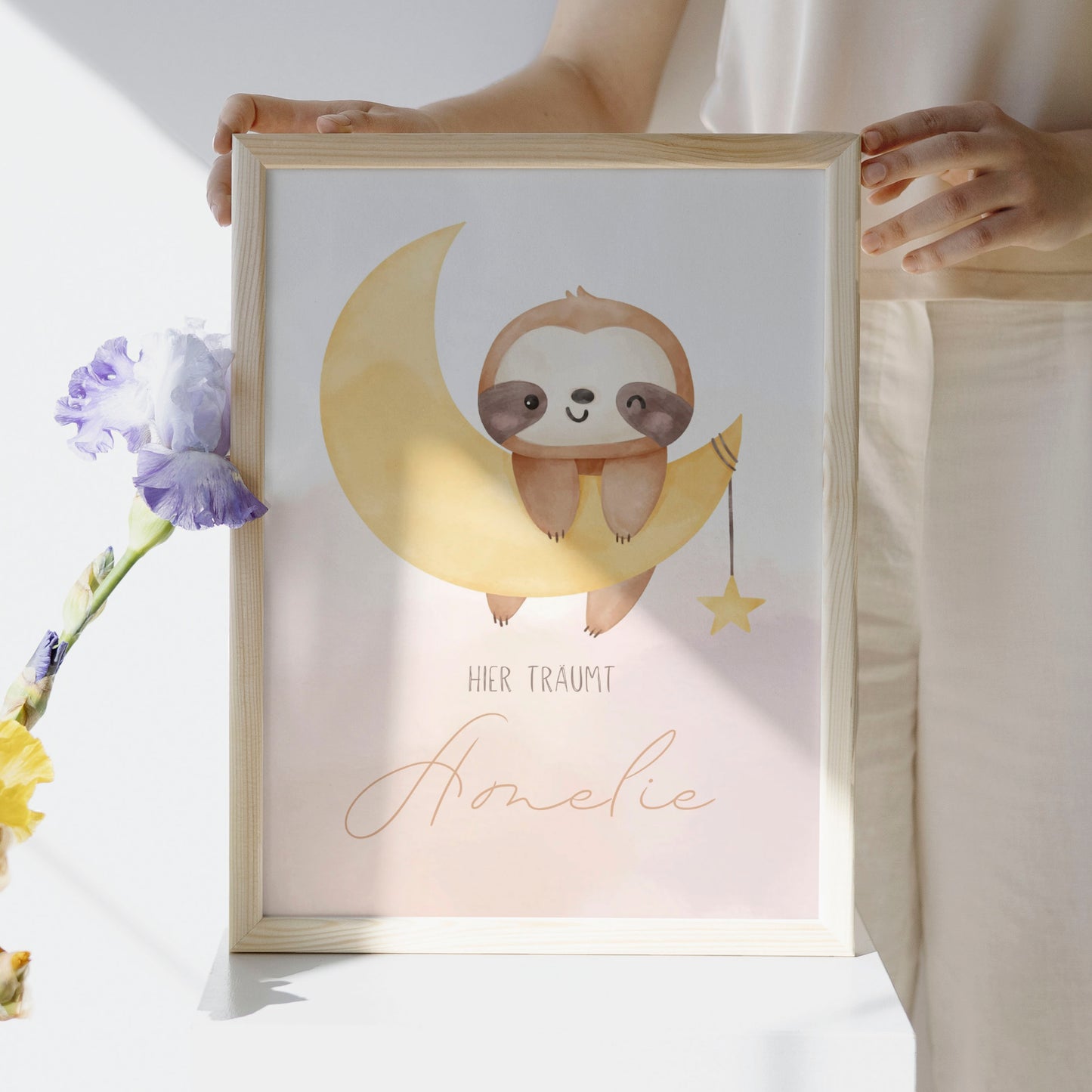 Personalisiertes Poster: Geburtsposter Faultier im Mond mit Kindername