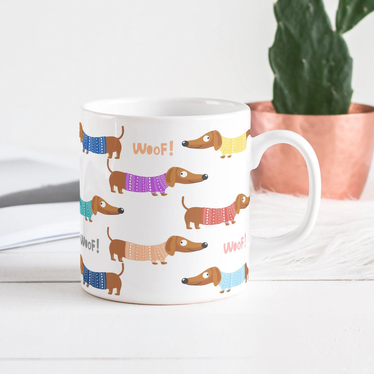 Tasse: bunte Dackel mit Pulli