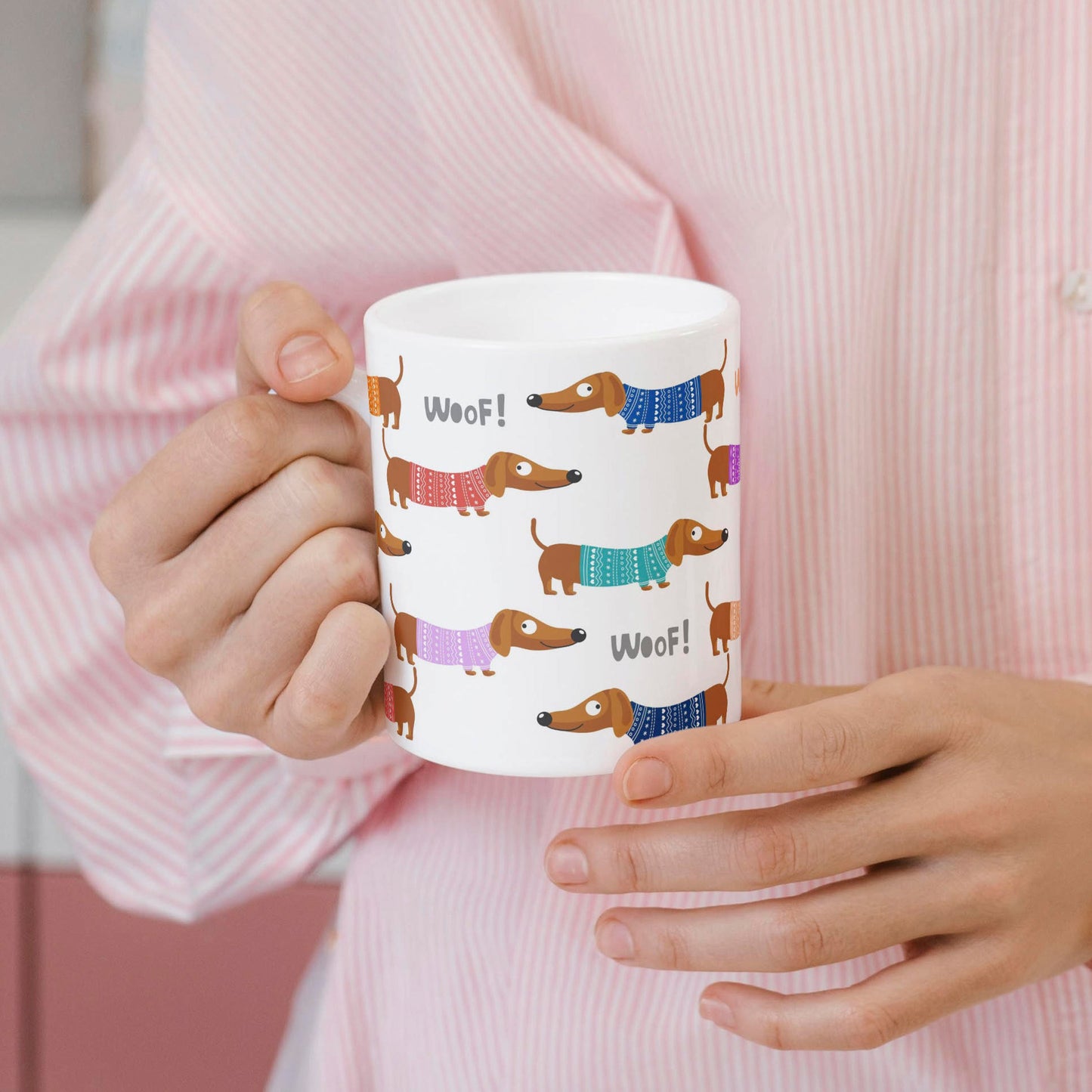 Tasse: bunte Dackel mit Pulli