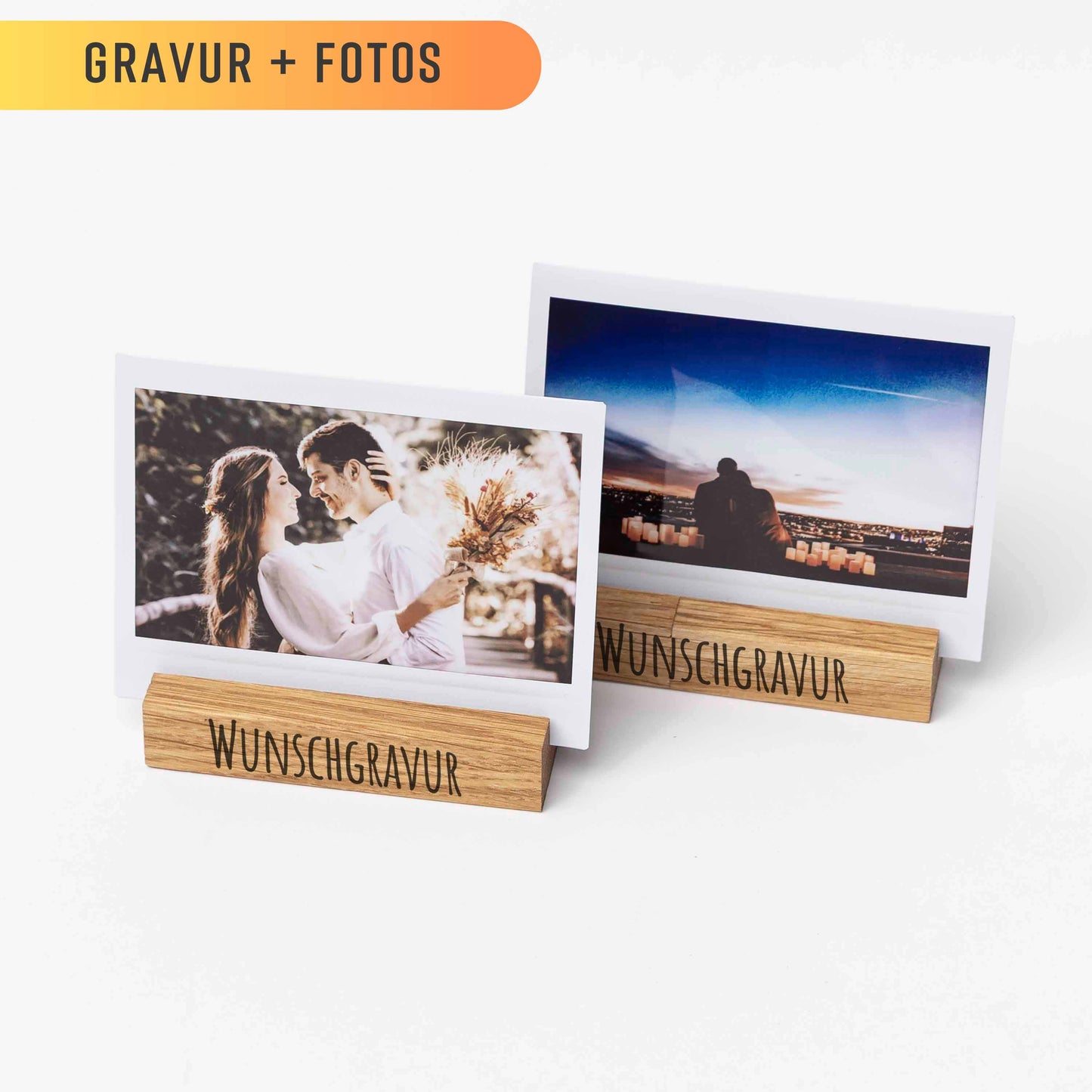 Doppelpack Fotohalter aus Eichenholz, 9cm, 1 Reihe mit XL Instax Sofortbildern