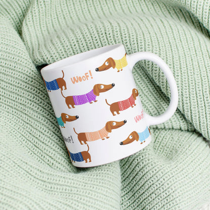 Tasse: bunte Dackel mit Pulli