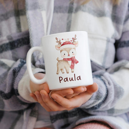 Weihnachtliche Kindertasse: Tiermotiv + Kindername
