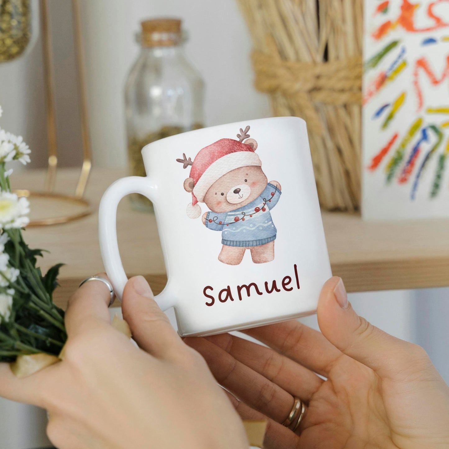 Weihnachtliche Kindertasse: Tiermotiv + Kindername
