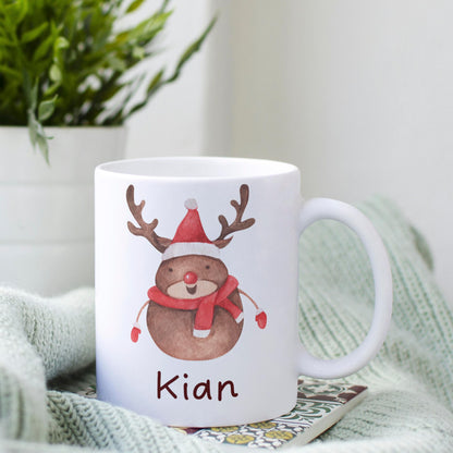 Weihnachtliche Kindertasse: Tiermotiv + Kindername