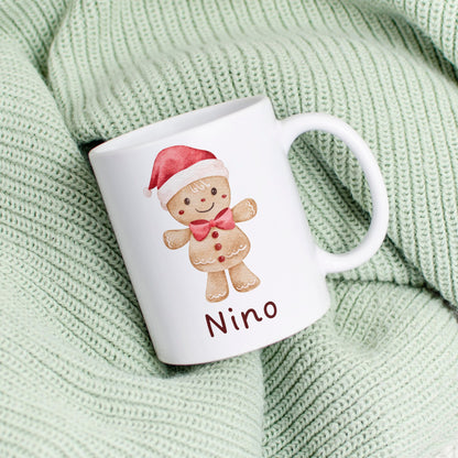 Weihnachtliche Kindertasse: Tiermotiv + Kindername