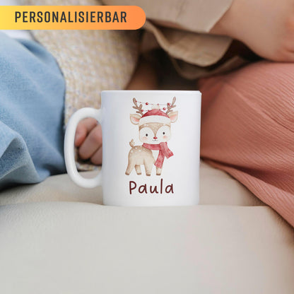 Weihnachtliche Kindertasse: Tiermotiv + Kindername