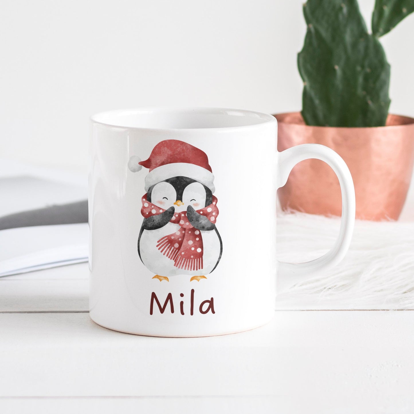 Weihnachtliche Kindertasse: Tiermotiv + Kindername