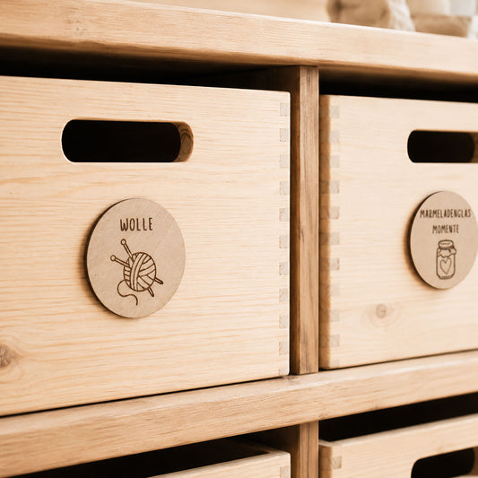 Ordnungsetiketten aus Holz, 200 Motive für individuelle Etiketten